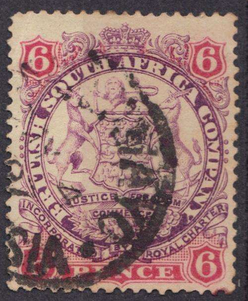 1896 British South Africa Company BSAC Rhodesia Large Arms 6d Mauve & Pink With DOT