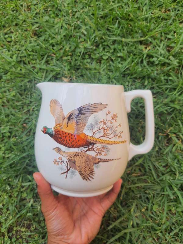 Antique Carrigaline pheasant pottery 2pt milk jug