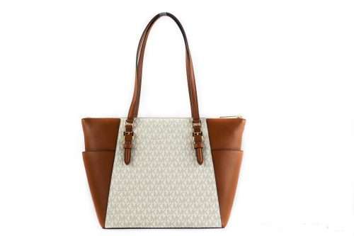 MICHAEL KORS  Charlotte Signature Leather Large Top Zip Tote Handbag Bag (Vanilla)