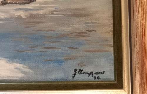 Beautiful framed oil painting of the view of Hermanus from the cliff path signed J Thompson