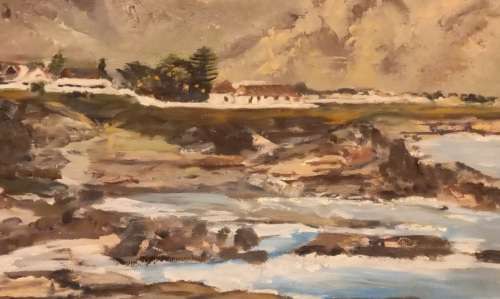 Beautiful framed oil painting of the view of Hermanus from the cliff path signed J Thompson