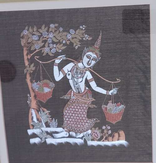 5 Vintage Thai paintings on silk in metal frames -  1 bid takes all