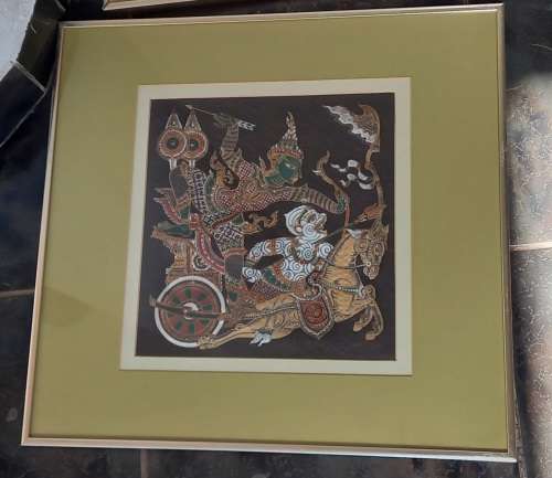 5 Vintage Thai paintings on silk in metal frames -  1 bid takes all
