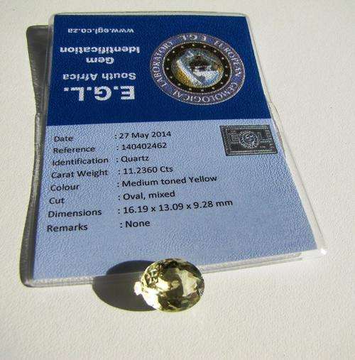 EGL certified LARGE 11.236ct lemon yellow quartz  - value R2500.00