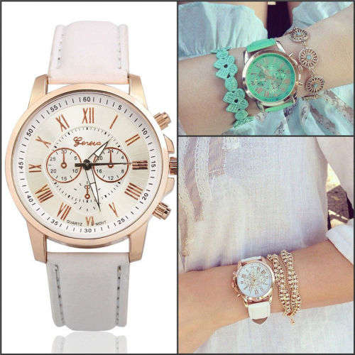 New fashion Geneva platinum women leather band stainless steel quarts analog wrist Watch