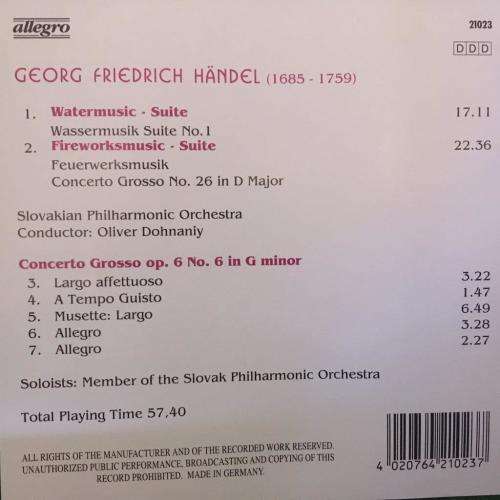 CD - Georg Friedrich Handel Watermusic Fireworks Music