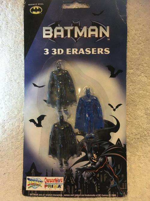 Batman 3 3D Erasers DC Comics 2000 Prima Toys (Sealed on card) 24 years old (NOS)