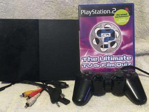 Playstation 2 - Black Slim Line Console c/w 1 x Original Controller, AV Cable Power Cord & 1 x Game