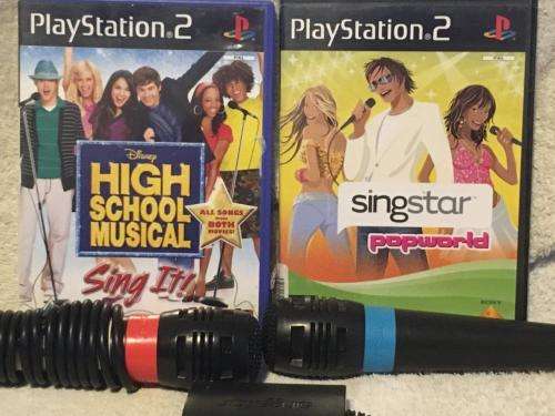 PS2 - Official Sony Singstar Microphones with USB adaptor + Singstar Popworld & HSM Sing it