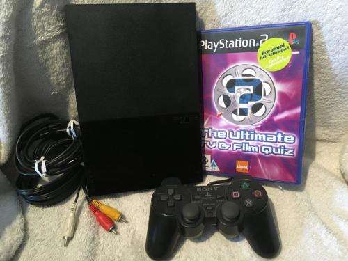 Playstation 2 - Black Slim Line Console c/w 1 x Original Controller, AV Cable Power Cord & 1 x Game