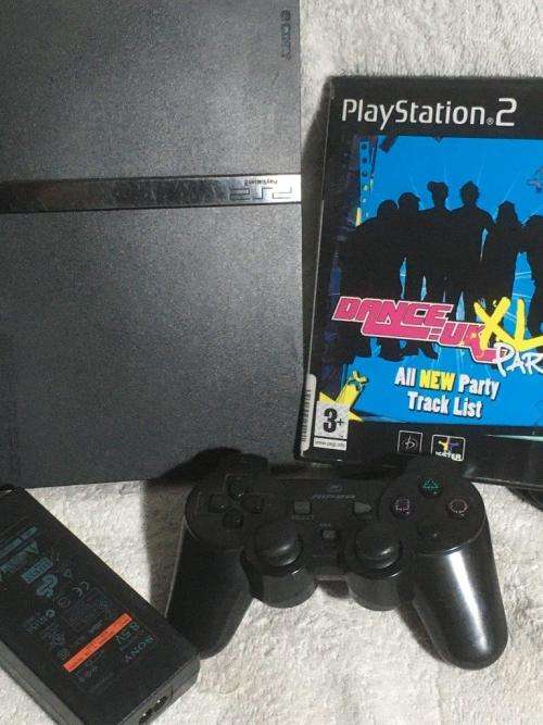 Playstation 2 - Black Slim Line Console c/w 1 x New Generic Controller, AV Cable PSU & 1 x Game