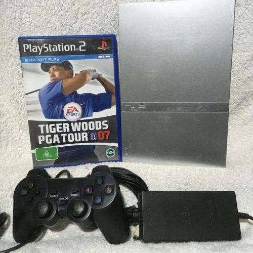 Playstation 2 - Silver Slim Line Console c/w 1 x New Generic Controller, AV Cable PSU & 1 x Game