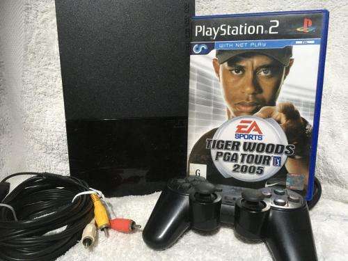 Playstation 2 - Black Slim Line Console c/w 1 x Original Controller, AV + Power Cable 1 x Game