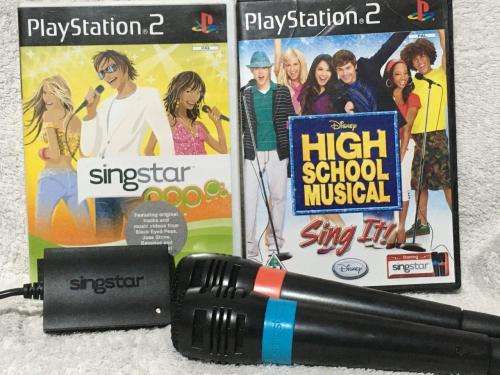 PS2 - Official Sony Singstar Microphones with USB adaptor + Singstar Pop & HSM Sing it