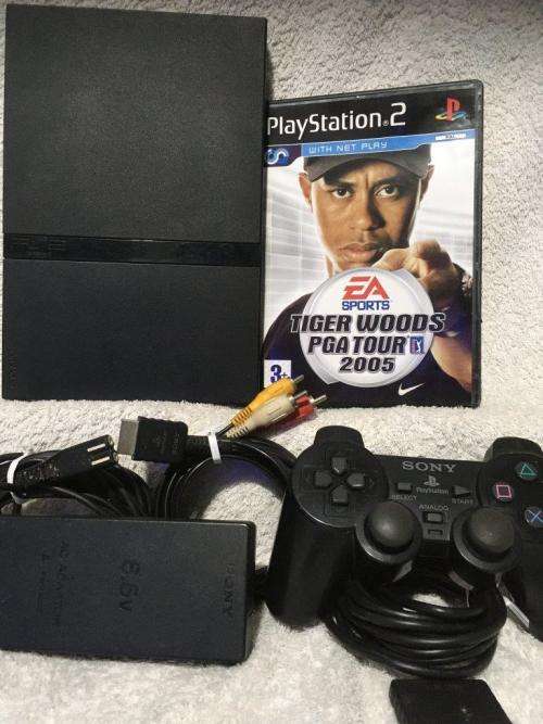 Playstation 2 - Black Slim Line Console c/w 1 x Original Controller, AV Cable PSU and 1 x Game
