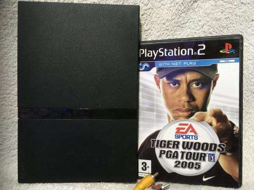 Playstation 2 - Black Slim Line Console c/w 1 x Original Controller, AV Cable PSU and 1 x Game
