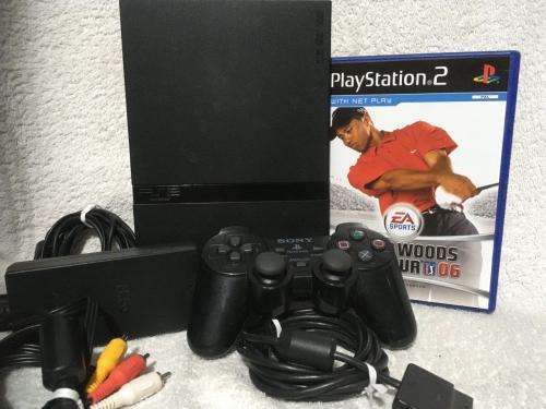 Playstation 2 - Black Slim Line Console c/w 1 x Original Controller, AV Cable PSU and 1 x Game
