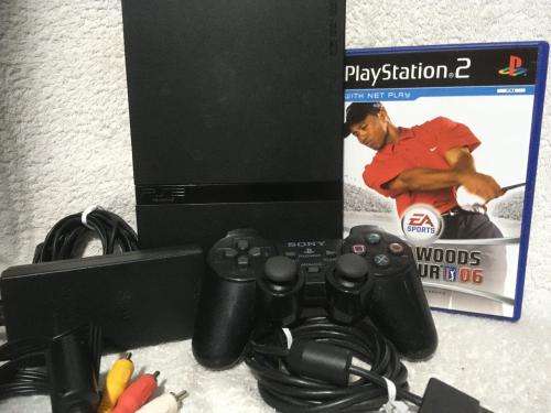 Playstation 2 - Black Slim Line Console c/w 1 x Original Controller, AV Cable PSU and 1 x Game