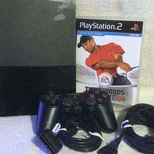 Playstation 2 - Black Slim Line Console c/w 1 x Original Controller, AV + Power Cable 1 x Game