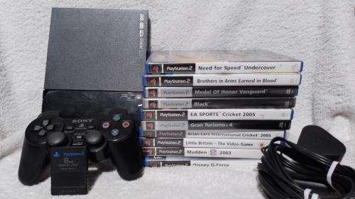 Playstation 2 - Black Slim Line Console c/w Original Controller, AV Cable PSU, Mem Card & 10 Games