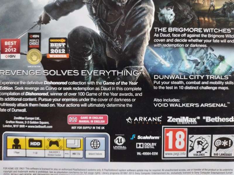 PS3 - Dishonored Game of The Year Edition