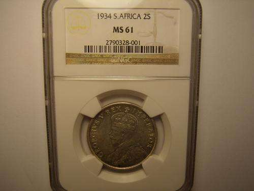South Africa 1934 2/- NGC graded MS61 Seldom offered!!! RARE!!!! Crazy R1 Start!!!
