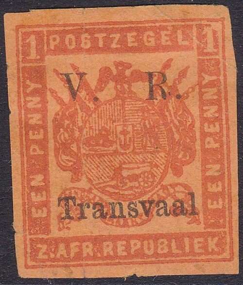 TRANSVAAL 1877  28 SEPTEMBER SACC 118 1D RED ON ORANGE PAPER  .CV R 550 .MM
