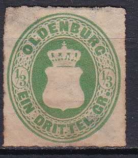 OLDENBURG - 1862 .SG 30. 1/3 G GREEN ROULETTED 11 1/2 . CV R9000