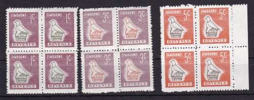 ZIMBABWE REVENUE STAMPS - BLOCKS OF FOUR - UMM