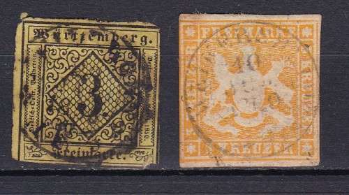 WURTTEMBURG - 1851 - SG 3 3K ON YELLOW - SG 12 3K ORANGE . USED . CV R 1200++