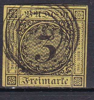 BADEN - 1851 -SG 2 3K - BLACK ON ORANGE PAPER . FINE USED . CV R1350 ++