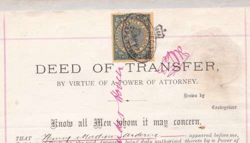 QUEEN VICTORIA - 1887 - DEED OF TRANSFER WITH TWO POUNS AND 10 SHILLING - COMPLETE WITH 4 PAGES