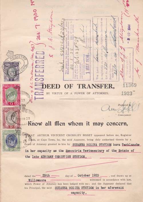 KG V - 1923 - DEED OF TRANSFER - WITH 1s - 2s - 3s AND 1 POUND - COMPLETE WITH 3 X SHEETS