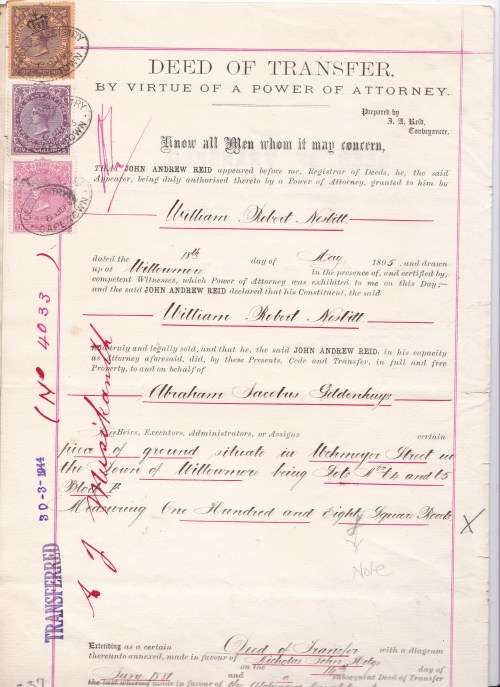 QUEEN VICTORIA - 1895 - DEED OF TRANSFER WITH - 3s - 5s AND ONE POUND - 2 X PAGES