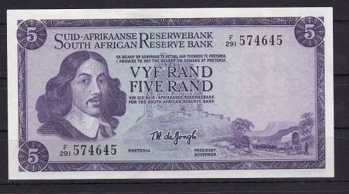 1 x 1975 - TW DE JONGH R5 NOTE IN A/UNC CONDITION - AS PER SCAN - SERIES F 291