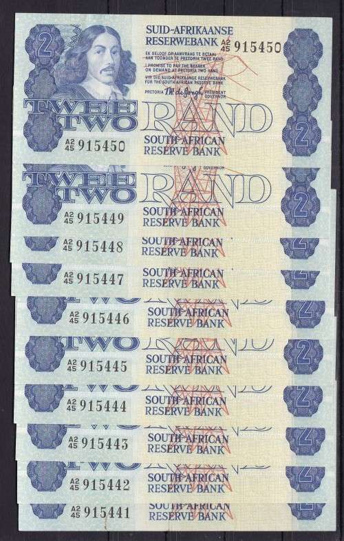 10 X TWO RAND - TW DE JONGH - NOTES IN SEQUENCE - 1978 - 4TH ISSUE AS PER SCAN