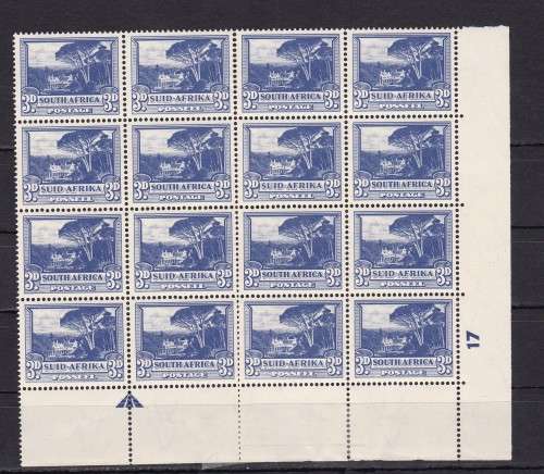 UNION OF SOUTH AFRICA - 1947 - 3D CORNER ARROW BLOCK OF 16 - UMM STAMPS - NOTE PERF ON BOTTEM LOOSE