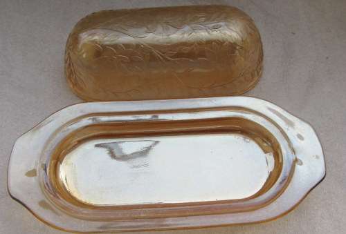 Carnival glass from Jeannette Glass Co.  Floragold Louisa pattern Oblong Butter Dish With Lid