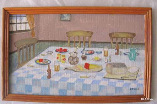 SET TABLE : J. PURKIS : PAINTED ON BOARD : FRAMED SIZE - 32x20.5cm