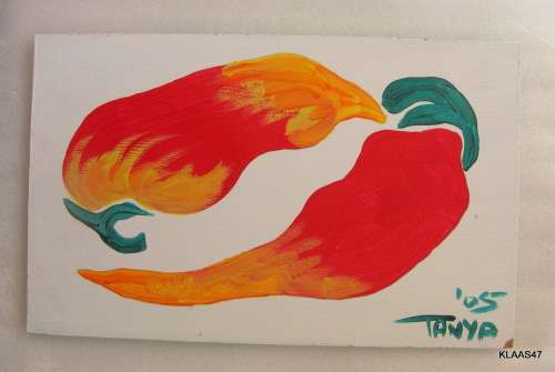 CHILLI : OIL PAINTING ON BOARD : 32x20cm : HAND PAINTED BY TANYA '05