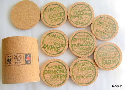 NEDBANK GREEN WINE AWARDS : SET OF 8 CORK COASTERS  : IN A ROUND CORK BOX WITH LID