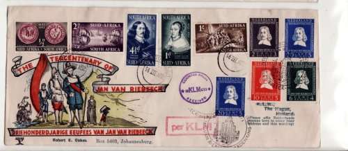 JAN VAN RIEBEECK TERCENTENARY : FDC : SA & NETHERLANDS STAMPS & KLM CANCELLATIONS