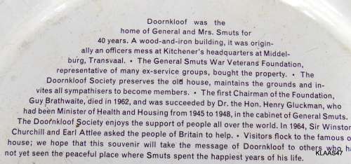 Metal Plate Featuring Doornkloof: Home of Gen & Mrs Smuts