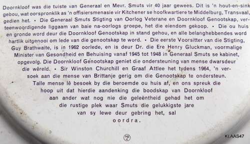 Metal Plate Featuring Doornkloof: Home of Gen & Mrs Smuts