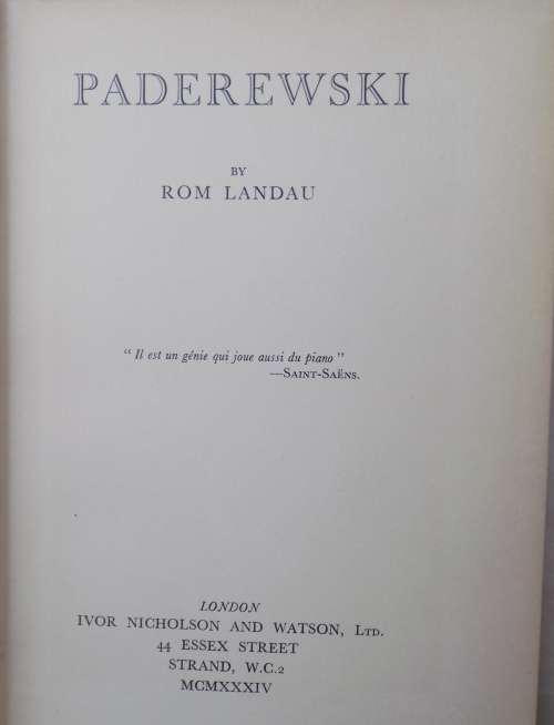 Paderewski - Rom Landau - Hardcover  1934