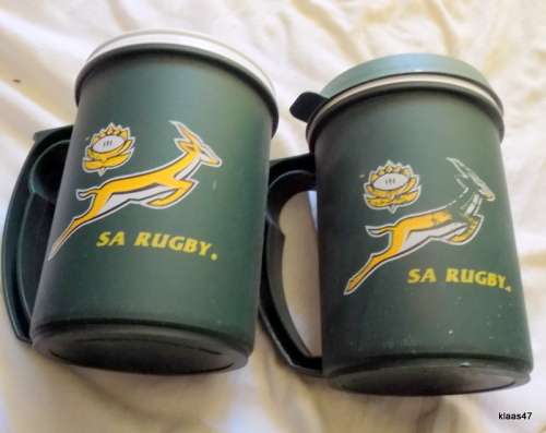 SA RUGBY : 2 INSULATED COFFEE MUGS : ONE WITH LID, ONE WITHOUT :