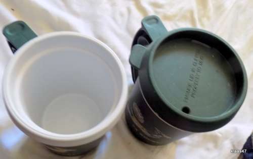 SA RUGBY : 2 INSULATED COFFEE MUGS : ONE WITH LID, ONE WITHOUT :