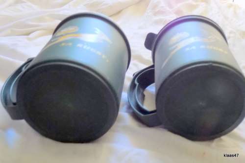 SA RUGBY : 2 INSULATED COFFEE MUGS : ONE WITH LID, ONE WITHOUT :