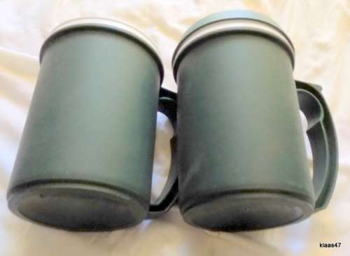 SA RUGBY : 2 INSULATED COFFEE MUGS : ONE WITH LID, ONE WITHOUT :