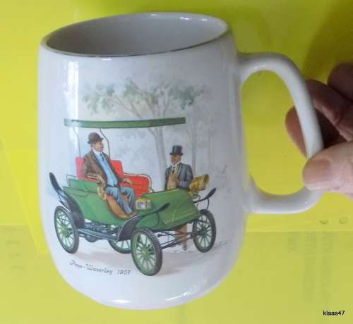 WILLSGROVE WARE POTTERY, RHODESIA MUG with POPE-WAVERLEY 1907 VINTAGE CAR